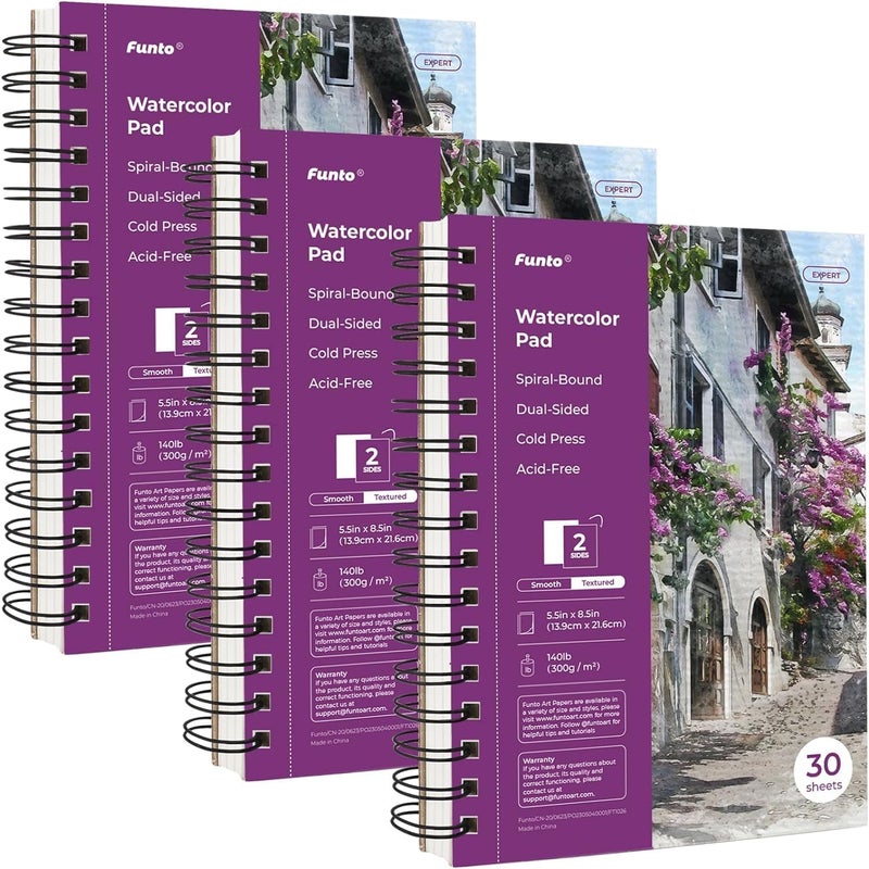 Funto Watercolor Pad 5.5x8.5, 3 Pack, 90 Sheets,140lb/300gsm, Double-Sided, Cold Press, Spiral Bound, Heavyweight Paper for Watercolor Painting - Image 1